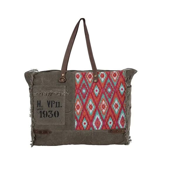 Myra Bag Handmade High Trails Weekender Bag Upcycled Canvas & Cowhide Leather - Picture 9 of 14